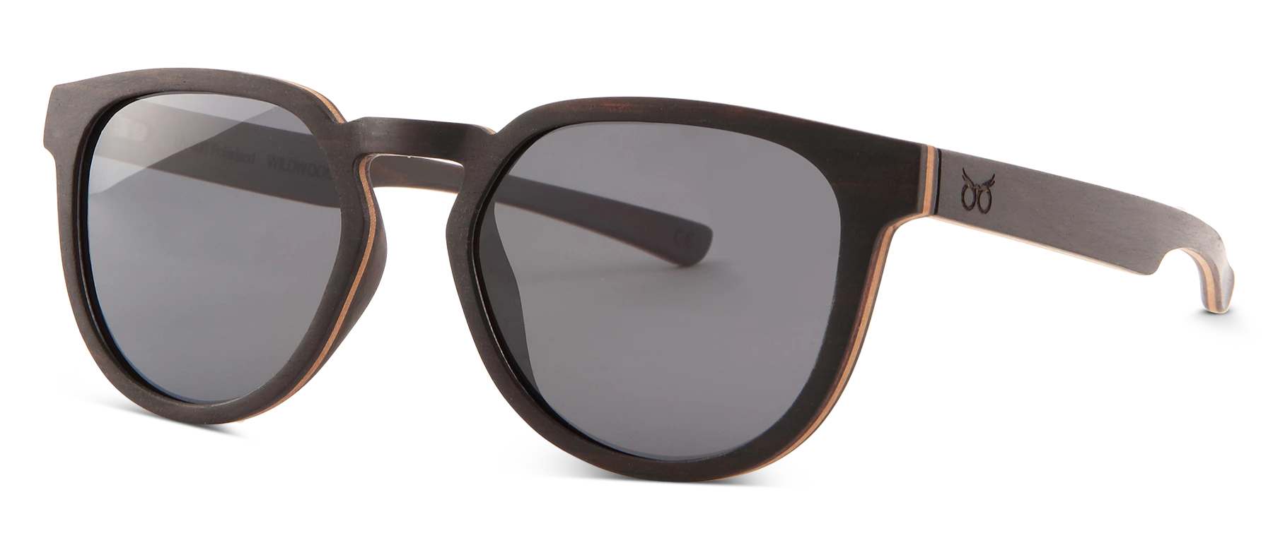 Sunglasses with dark lenses and brown frame on a white background