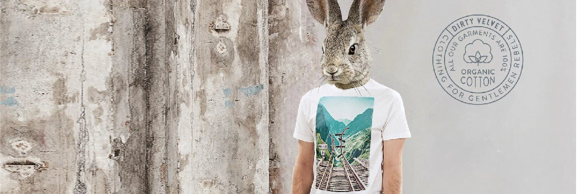 Person wearing a t-shirt with a mountain design against a textured wall background, featuring the 'Dirty Velvet' brand.