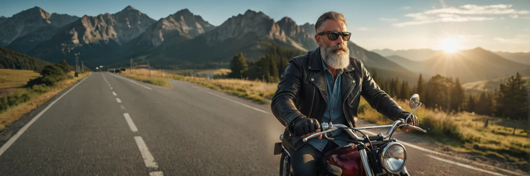 Man on a motorcycle wearing BioSunnies on a scenic road with mountains in the background