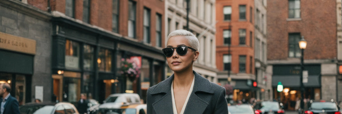 Elegant woman wearing Amalfi sunglasses and a coat on a city street