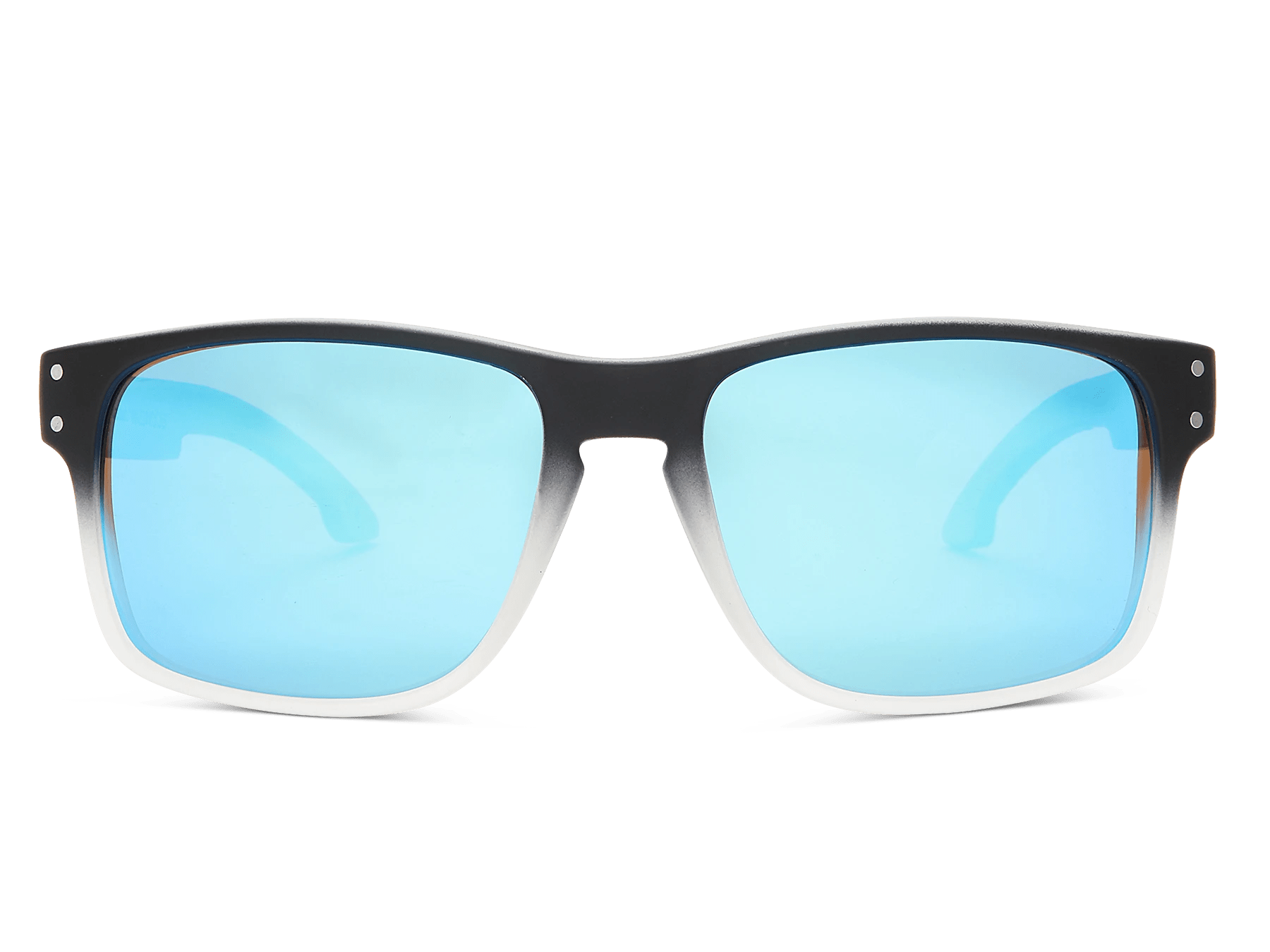Sunglasses with black frame and blue-tinted lenses on a white background