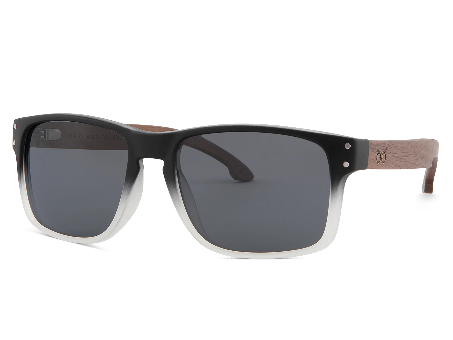 Sunglasses with black frame and dark lenses on a white background