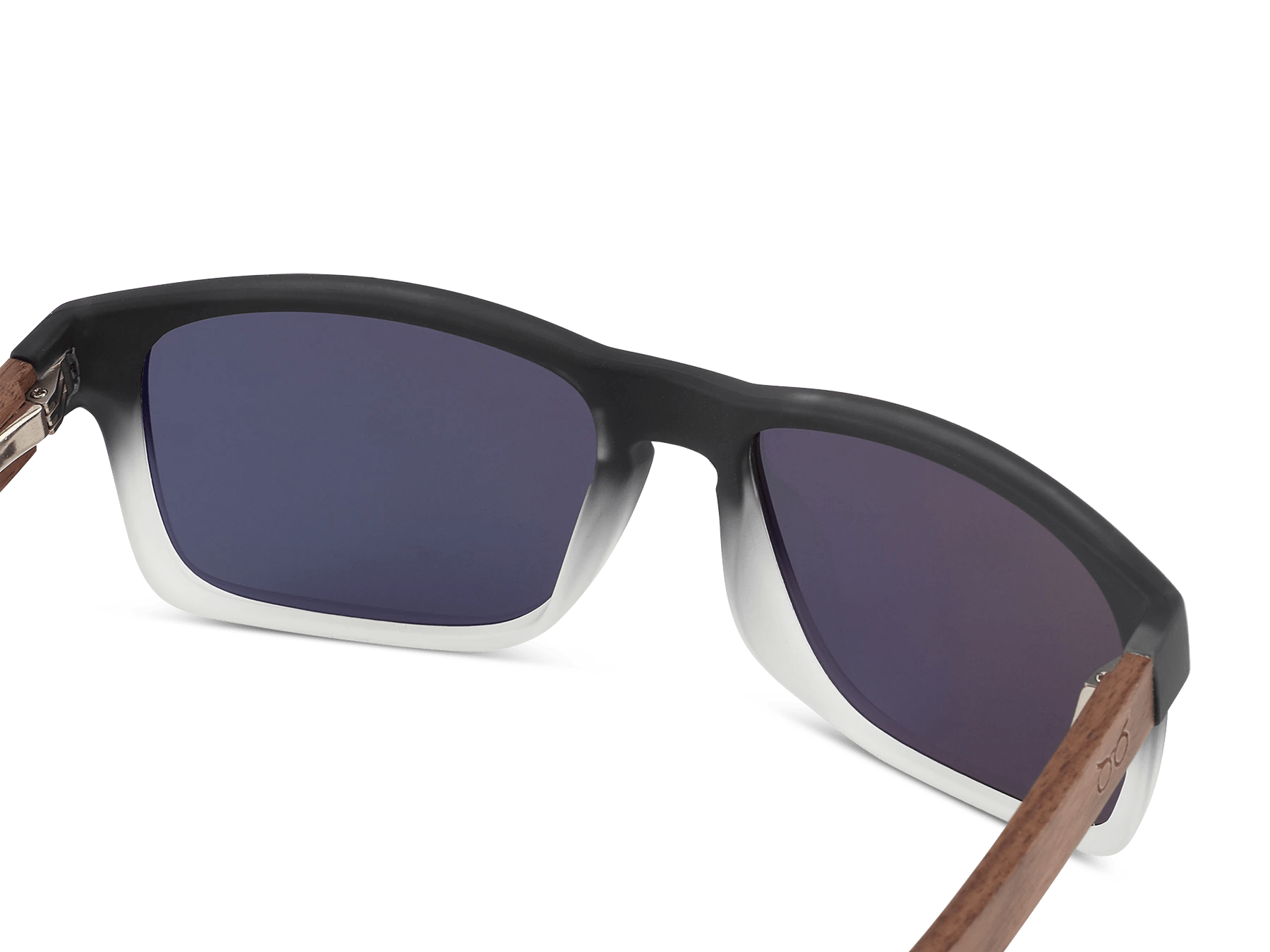 Sunglasses with black frame and wooden arms on a white background