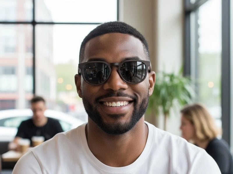 Woman wearing wooden sunglasses