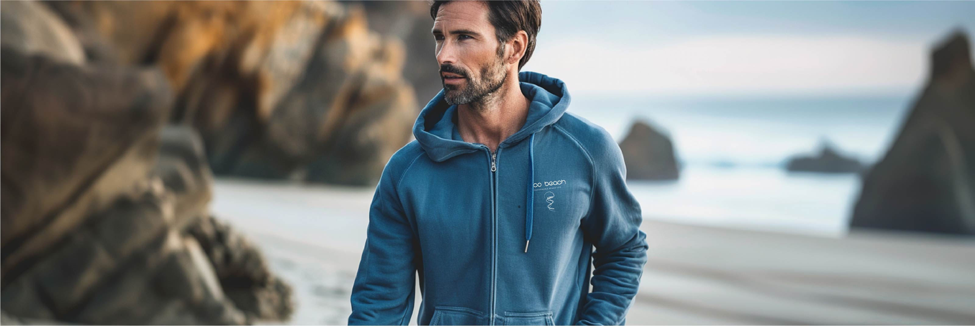 Man wearing blue Eco Beach hoodie