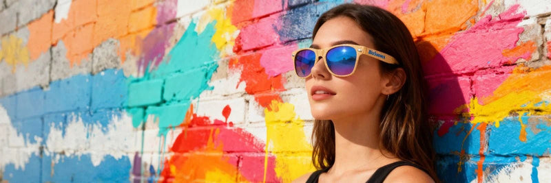 Young woman standing in the sun against a colourful wall with BioSunnies sunglasses