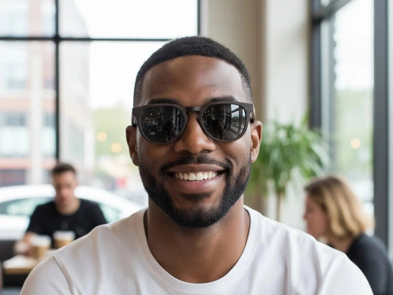 Woman wearing wooden sunglasses