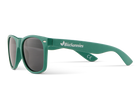 Green sunglasses with 'BioSunnies' branding on a white background