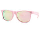 Pink sunglasses with reflective lenses on a white background