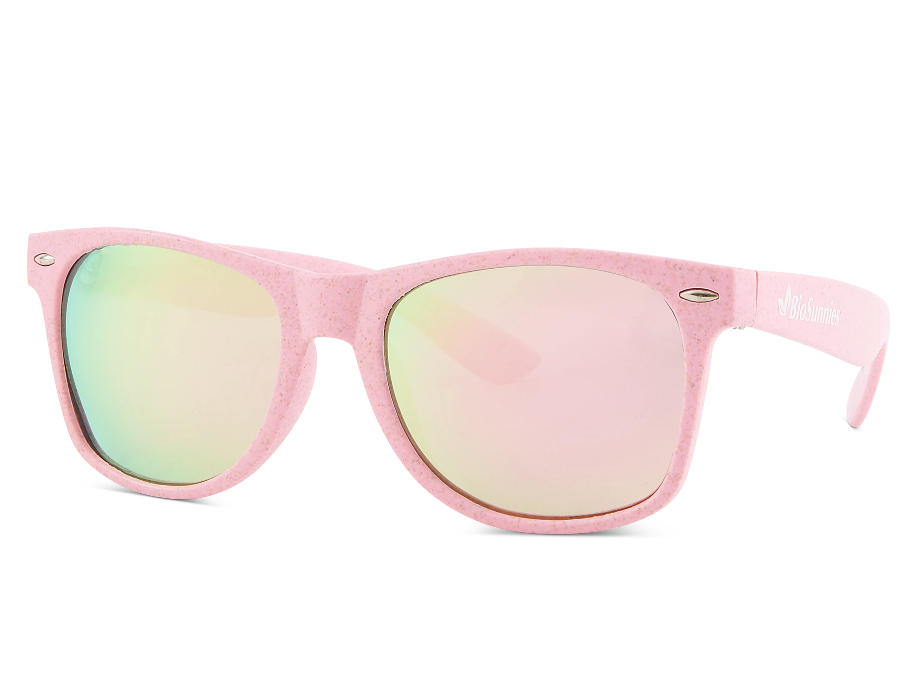 Pink sunglasses with reflective lenses on a white background
