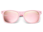 Pink sunglasses with reflective lenses on a white background
