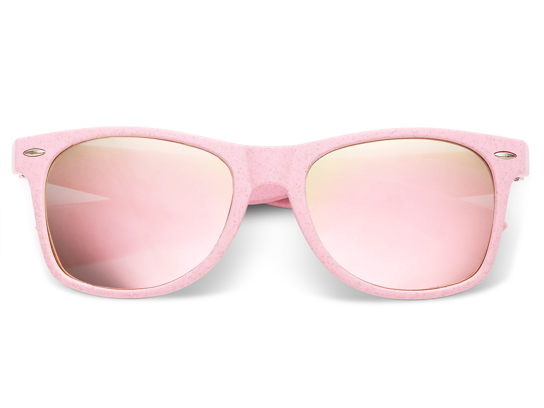 Pink sunglasses with reflective lenses on a white background
