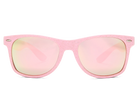 Pink sunglasses with reflective lenses on a white background