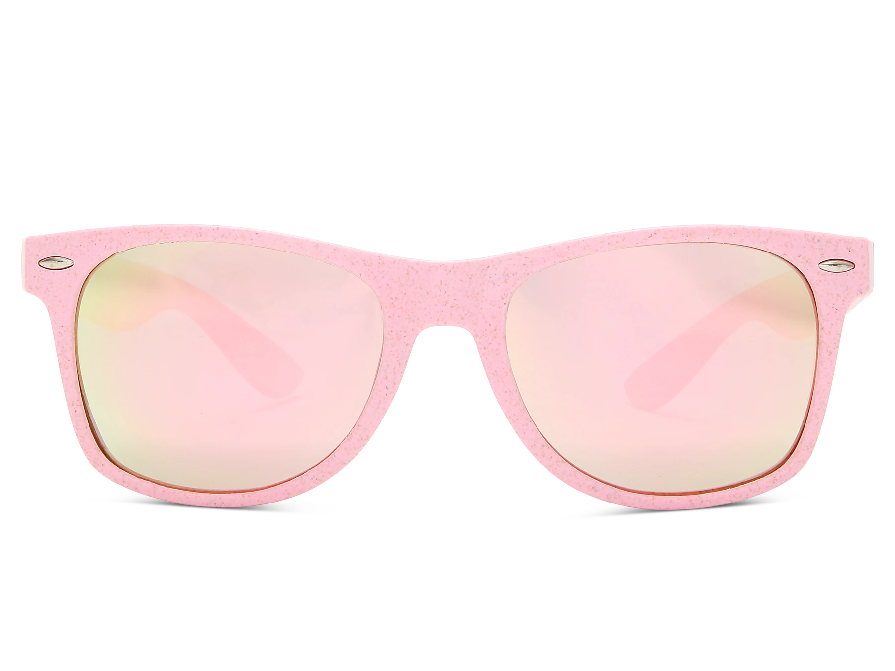 Pink sunglasses with reflective lenses on a white background