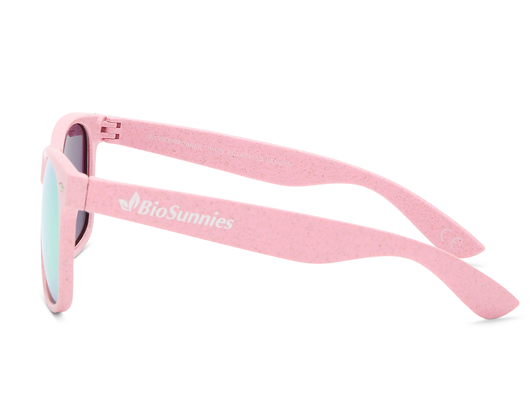 Pink sunglasses with 'BioSunnies' logo on a white background