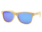 Sunglasses with blue lenses and beige frame on a white background