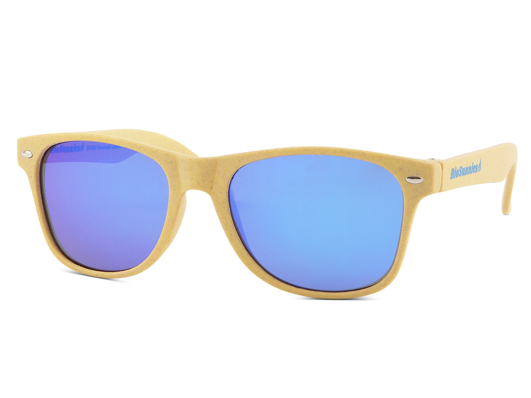 Sunglasses with blue lenses and beige frame on a white background