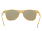 Beige sunglasses with reflective lenses on a white background