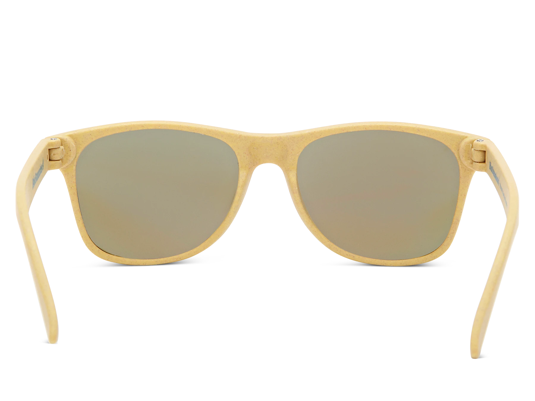 Beige sunglasses with reflective lenses on a white background