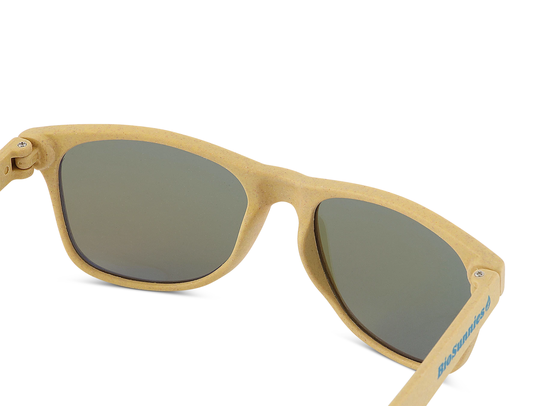 Beige sunglasses with dark lenses on a white background