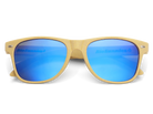 Sunglasses with blue reflective lenses and beige frame on a white background