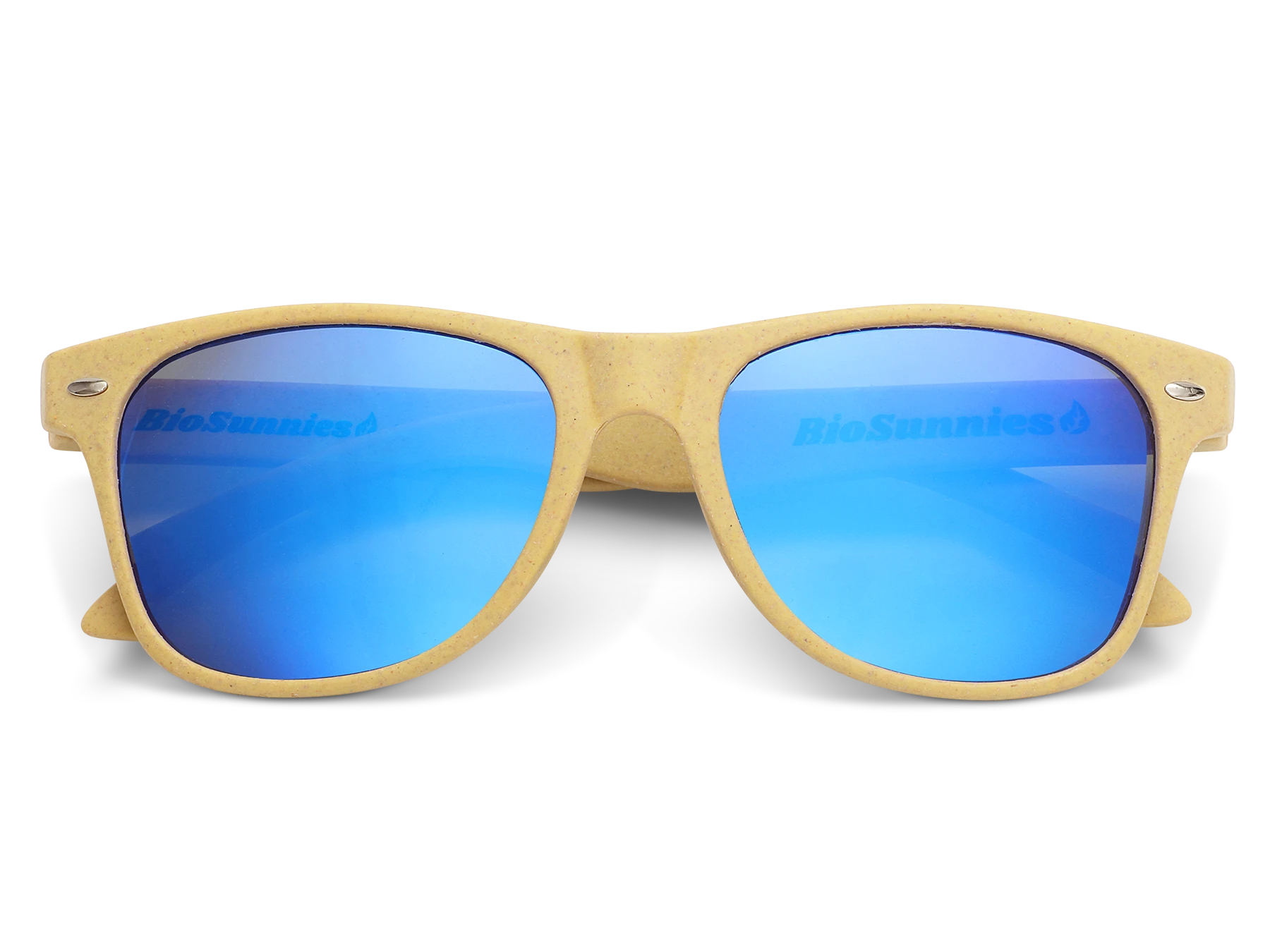 Sunglasses with blue reflective lenses and beige frame on a white background