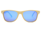 Sunglasses with blue reflective lenses and beige frame on a white background