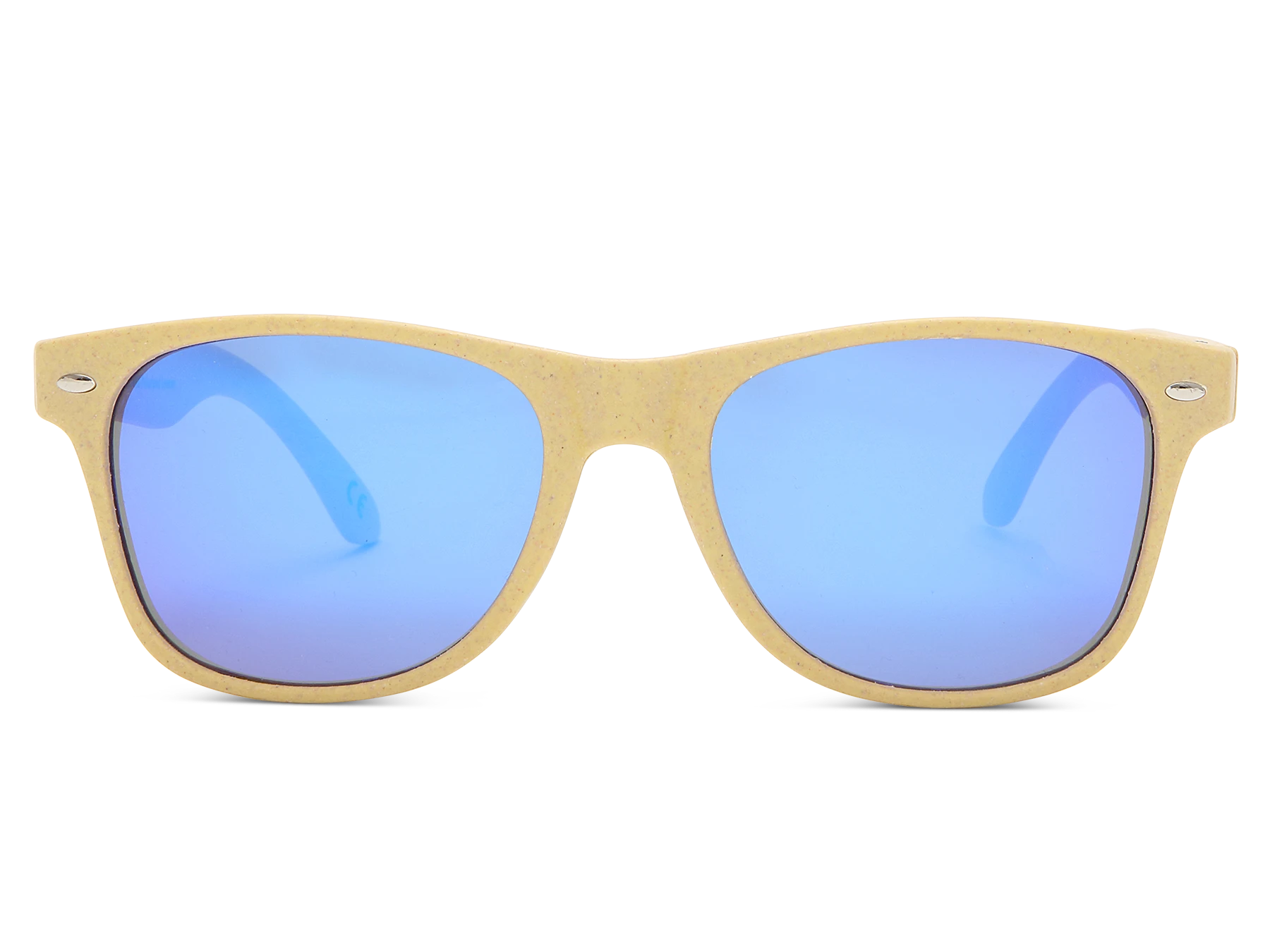 Sunglasses with blue reflective lenses and beige frame on a white background