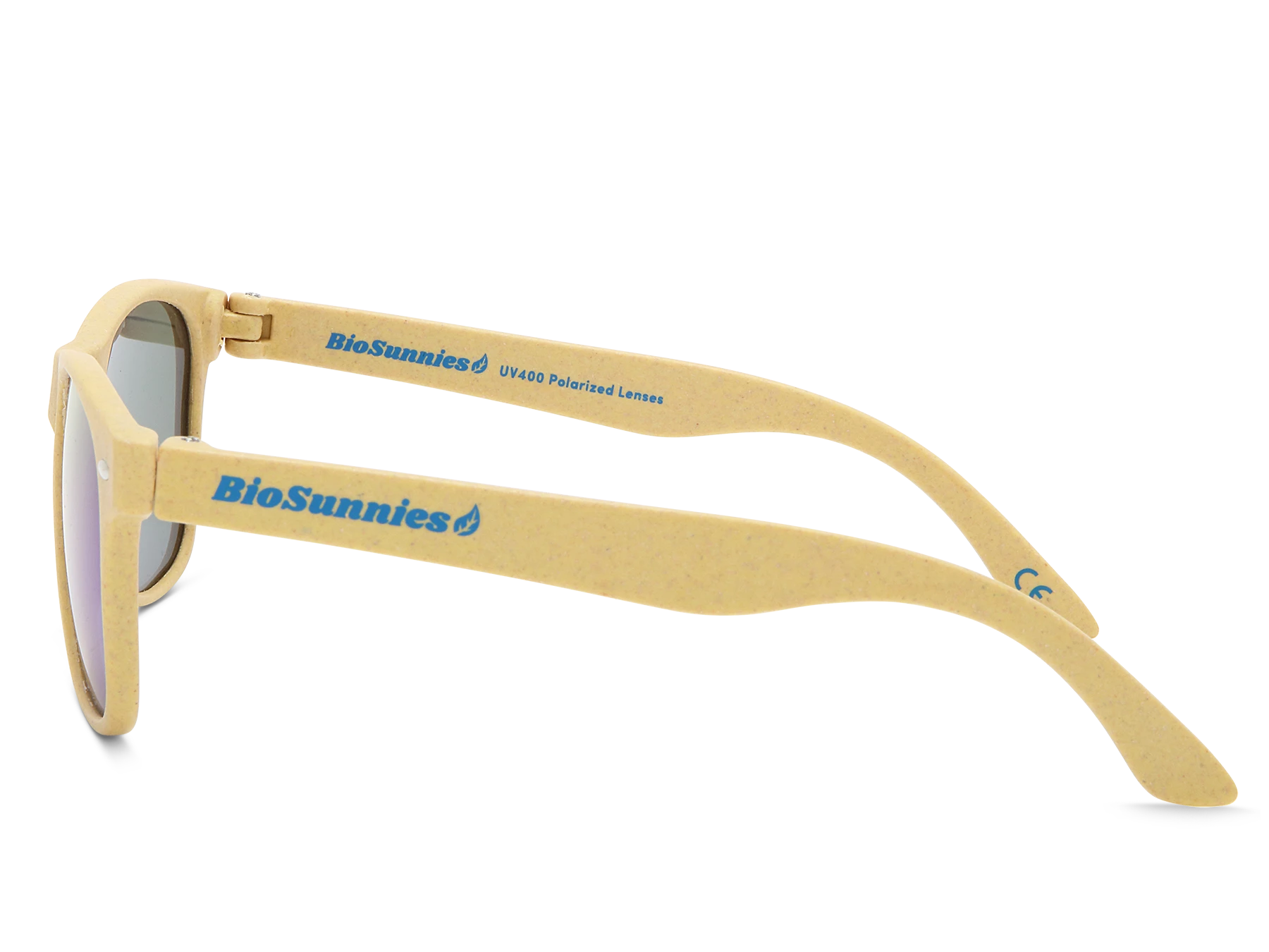 Beige sunglasses with 'BioSunnies' branding on a white background