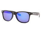 Black sunglasses with blue lenses on a white background