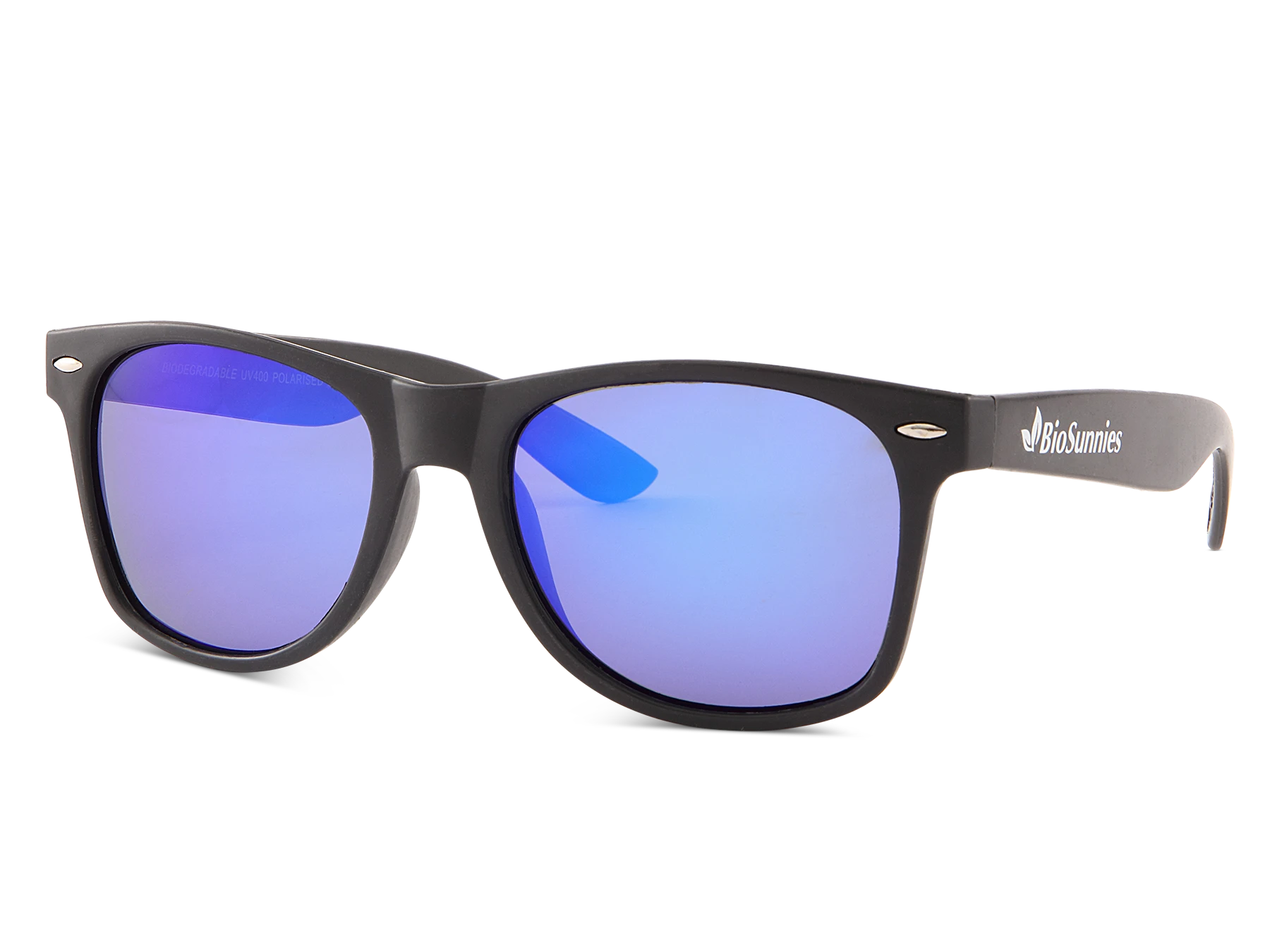 Black sunglasses with blue lenses on a white background