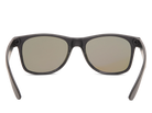 Sunglasses with dark frames and reflective lenses on a white background