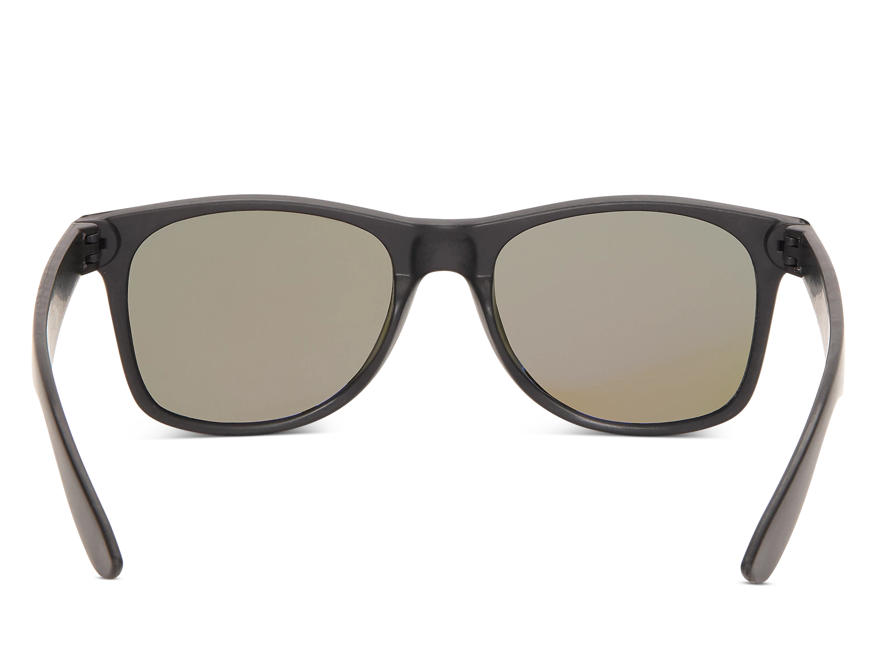 Sunglasses with dark frames and reflective lenses on a white background