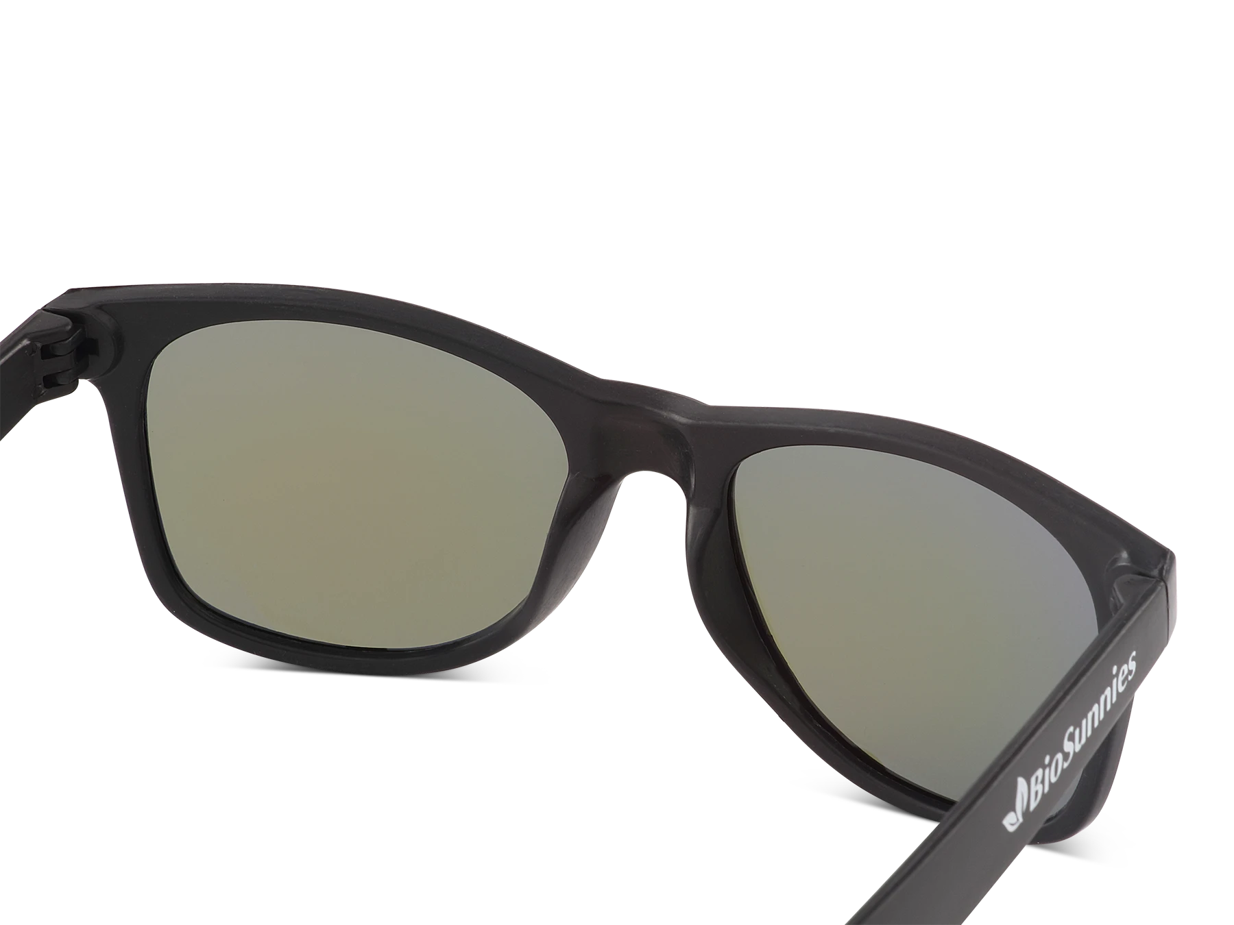 Black sunglasses with green lenses on a white background