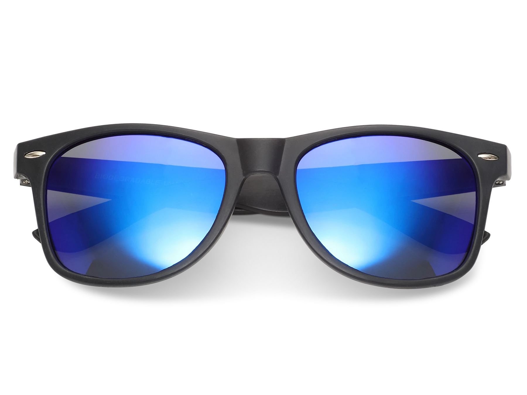 Black-framed sunglasses with blue reflective lenses on a white background