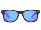 Black-framed sunglasses with blue reflective lenses on a white background