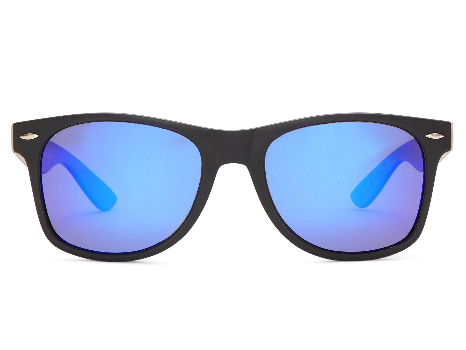 Black-framed sunglasses with blue reflective lenses on a white background