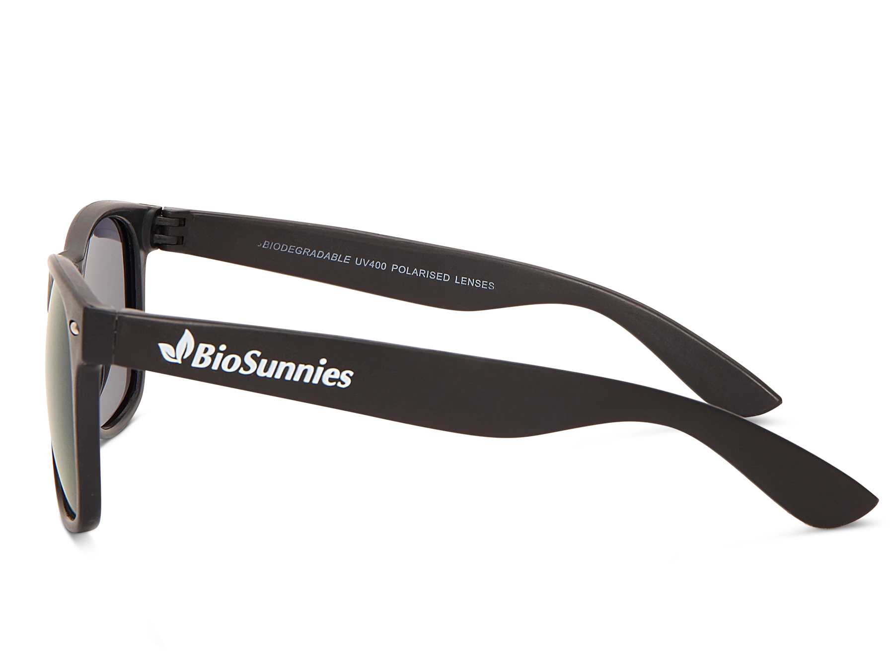 Black sunglasses with 'BioSunnies' branding on a white background