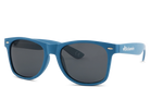 Blue sunglasses with dark lenses on a white background