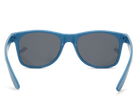 Blue sunglasses with dark lenses on a white background
