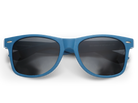 Blue sunglasses with dark lenses on a white background