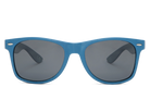 Blue sunglasses with dark lenses on a white background