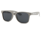 Gray sunglasses with dark lenses on a white background