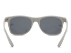 Sunglasses with gray frames and dark lenses on a white background