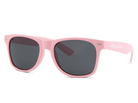 Pink sunglasses with dark lenses on a white background