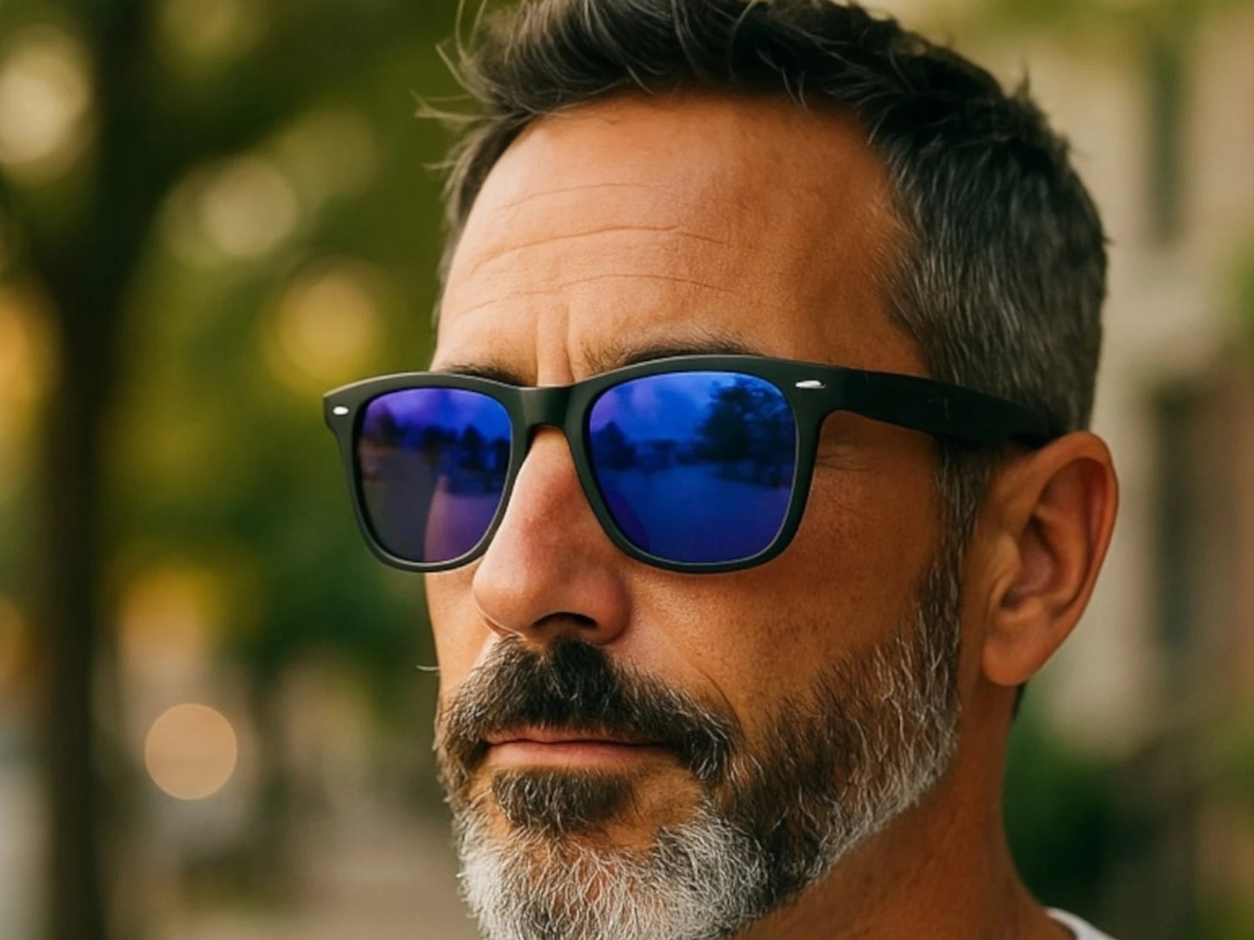 Man wearing blue reflective sunglasses with a blurred outdoor background
