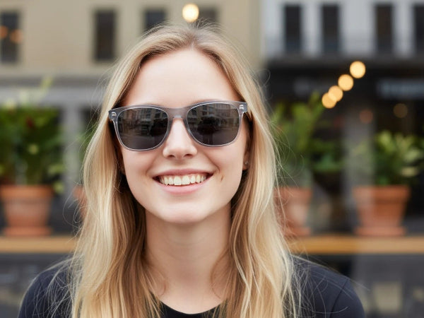 Woman wearing sunglasses with a blurred background of plants and lights