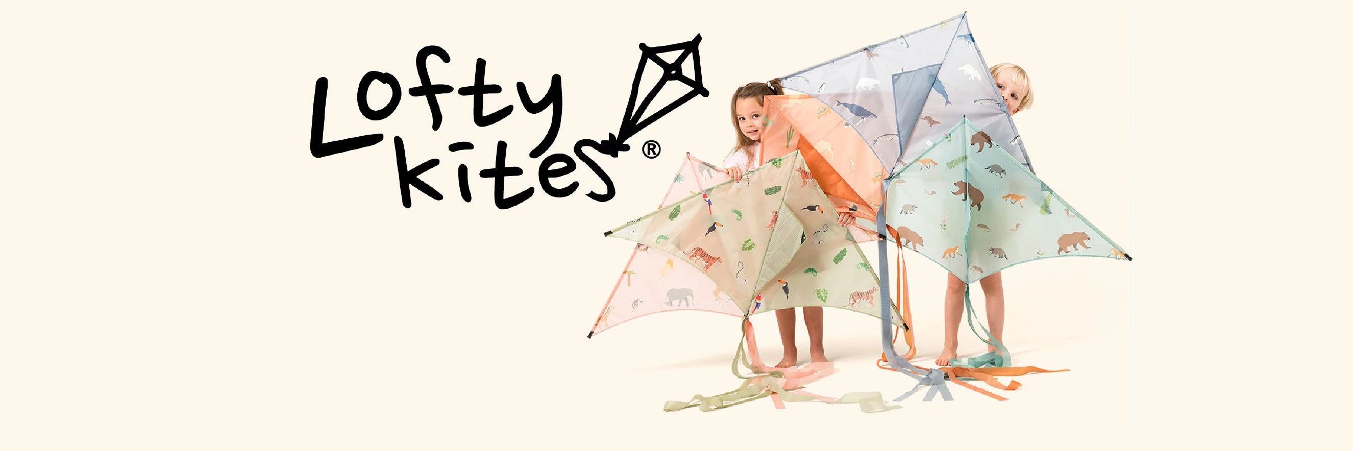 Lofty Kites branding with children playing with colorful kites on a white background