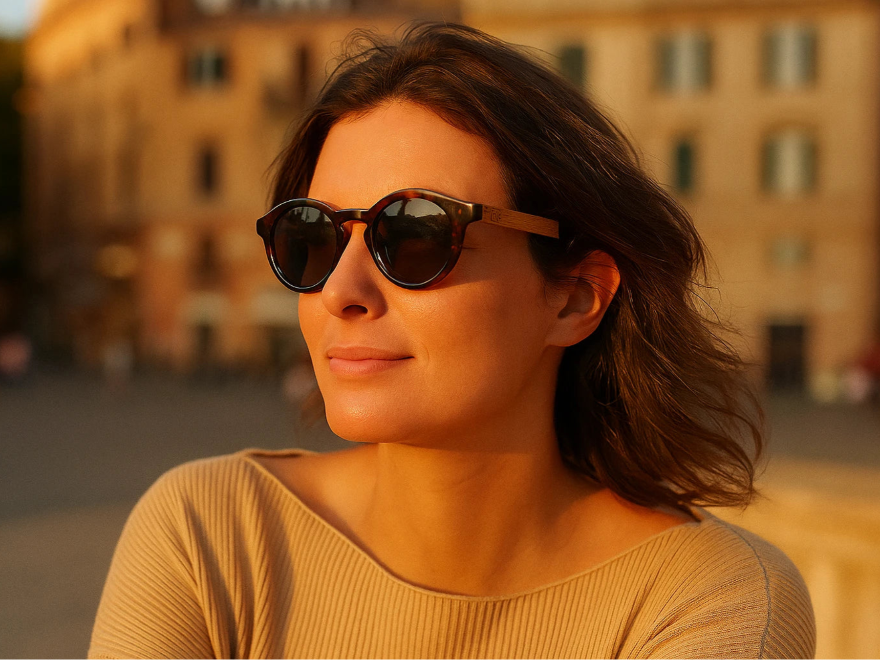 Woman wearing sunglasses with a blurred building in the background