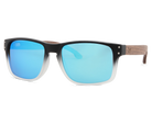Sunglasses with blue lenses and black frame on a white background